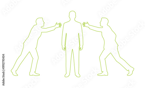 ビジネスにおける人間関係の葛藤と対立、チームワークと協力の概念を示すベクターイラスト。人間同士の相互作用、コミュニケーション、問題解決の視覚化に。