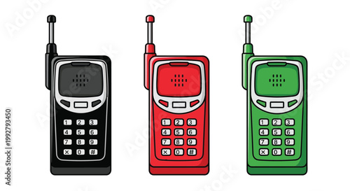 Three vintage mobile phones in black red and green colors displayed