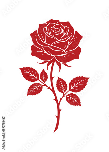 情熱的な赤いバラのシルエット、エレガントな花びらと葉が特徴のロマンチックなベクターイラスト。愛、美、記念日を象徴するデザイン素材。