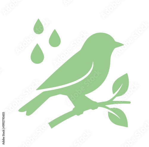 春の訪れを告げる、若葉色の小鳥と雨粒のシンプルでミニマルなベクターイラスト。自然、環境、季節の変わり目を表現するデザイン素材。
