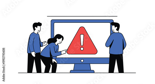 People looking at a computer screen displaying a warning sign