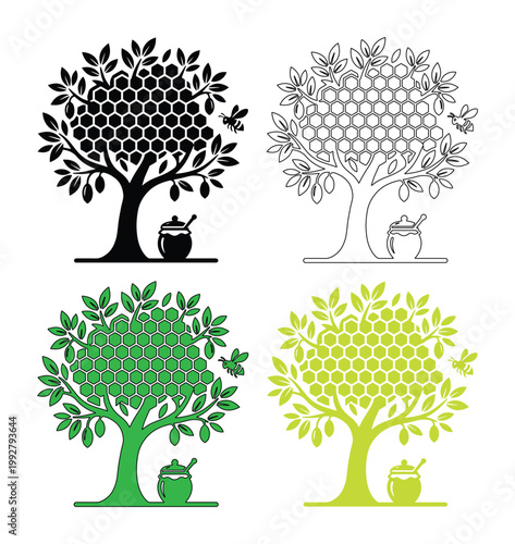 ハチミツの木と蜂の巣、蜜壺のベクターイラストセット。自然食品、養蜂、オーガニック製品のロゴやアイコンに最適な、黒、緑、線画の4種類のデザイン。