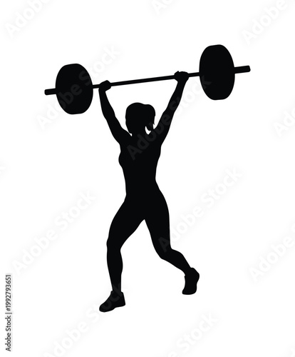力強くバーベルを持ち上げる女性のシルエット、フィットネスとウェイトリフティングのトレーニングを表現するベクターイラスト素材、健康的なライフスタイルとスポーツのアイコン。