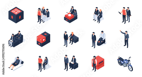 Isometric illustrations depicting business people objects and transportation