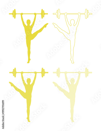 フィットネスとバレエを融合した女性のシルエット、バーベルを持ち片足立ちでポーズをとる、健康的なライフスタイルと運動のベクターイラスト素材、スポーツジムやトレーニングのアイコンデザインに最適