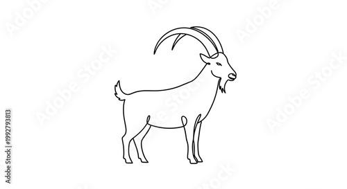 A minimalist line art drawing illustrates a standing goat in profile rendered with a single continuous black line.