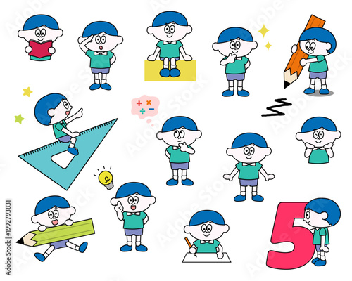 かわいい男の子のイラストセット_算数（ベクター）