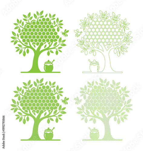 ハチミツの木とミツバチのベクターイラストセット、自然な甘さと生態系を象徴するデザイン素材、養蜂とオーガニック食品のコンセプトに最適なグラフィックリソース