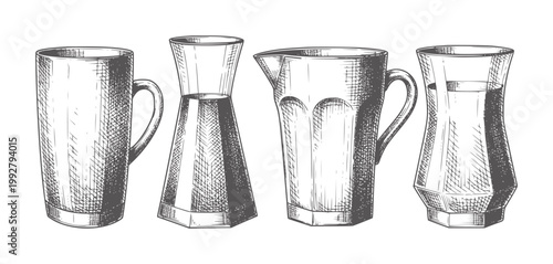 Four hand drawn glass pitchers and cups in style drinkware