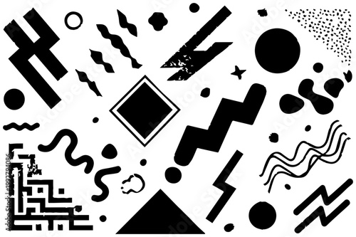 Retro memphis design style abstract geometric shapes and patterns bold black and white elements dynamic retro graphic elements collection for vintage posters and 80s inspired
