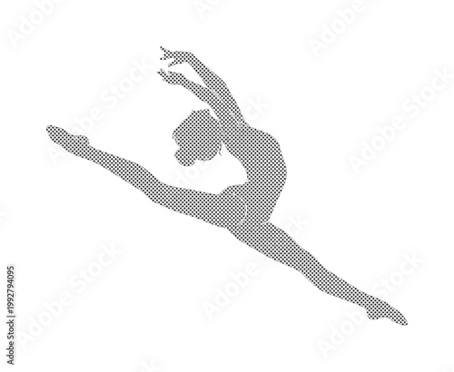 躍動感あふれるバレエダンサーのシルエット、優雅なジャンプとポーズ、ドットパターンで表現された美しい女性の動き、スポーツやフィットネスデザインに最適なベクター素材