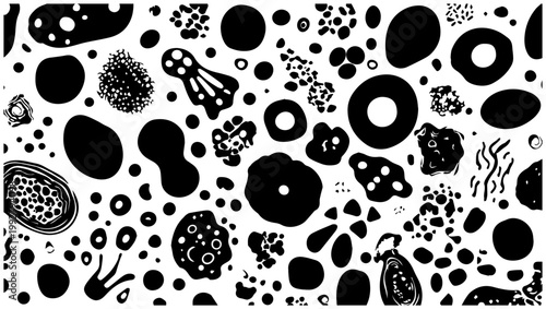 Diverse collection of microscopic organisms cellular structures and abstract biological shapes rendered in stark black and white vector art creating a visually striking pattern
