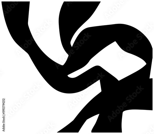 Dynamic abstract black ribbon silhouette with flowing curves and twists representing motion energy and creative design elements against a clean white background modern graphic art