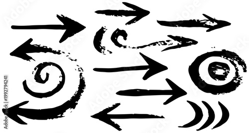 Collection of diverse hand drawn black arrows and graphic elements with brushstroke textures representing direction movement and abstract concepts on a clean white background