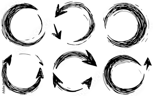 Set of six hand drawn circular arrows in black ink with a brushstroke texture illustrating concepts of rotation cycles and repetition isolated on a clean white background
