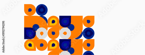 Abstract geometric shapes, orange, navy. Circles, squares, rectangles overlap creating playful pattern. Minimalist design, modern aesthetic.