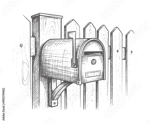 Hand drawn of a vintage metal mailbox attached to a wooden picket fence