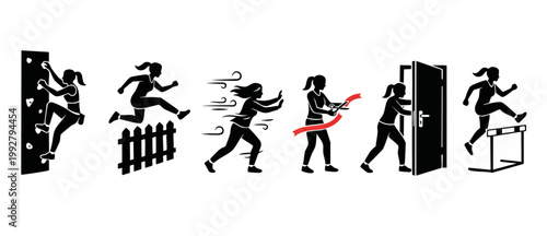 Woman overcoming challenges obstacles set of flat icons, climbing wall jumping hurdle facing wind cutting ribbon and opening door, achievement and success concept for business leadership and goal reac