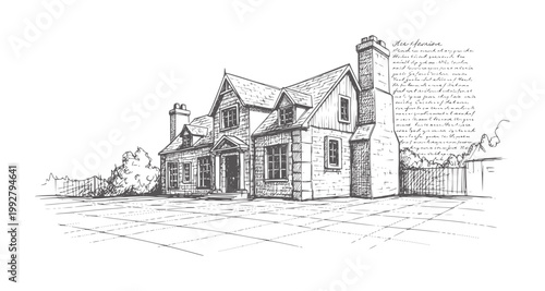 Ink of a large stone house with a chimney and trees architecture building estate