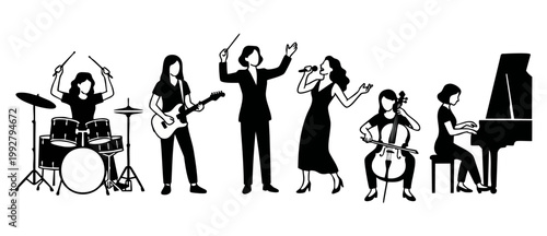 Music band silhouette set, women musicians performing concert with conductor, singer, drums, guitar, cello and piano isolated on white background for creative musical event design concepts and promoti