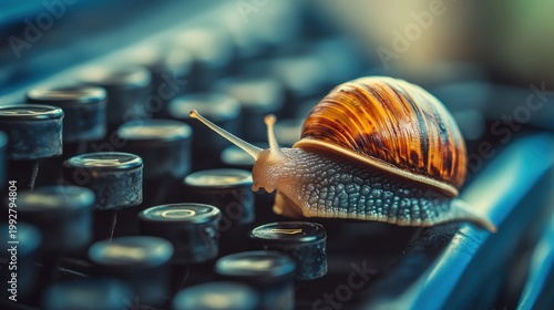 Snail on typewriter keys retro
