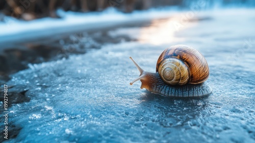 Snail on icy lake