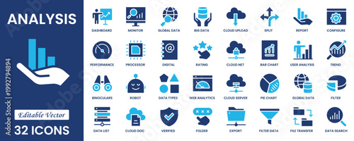Analytics and Statistics icon set. Containing data, web statistics, survey, prediction, presentation, cloud analysis and pie chart icons. Solid icon collection.
