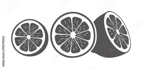 Three stylized dark gray citrus fruit slices white orange lemon
