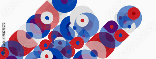 Abstract composition featuring overlapping circles, squares. Red, blue, gray tones dominate design. Modern, geometric aesthetic.