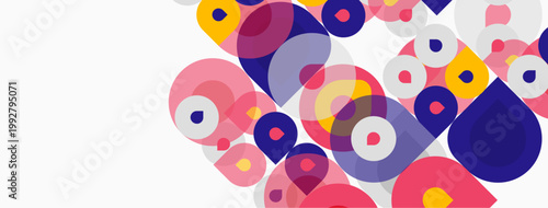 Abstract colorful circles overlap, creating dynamic visual pattern. Pink, yellow, purple hues dominate white background. Modern design.
