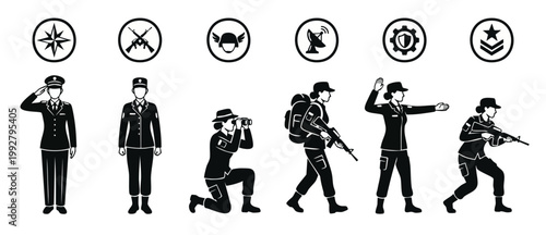 Military Woman Icons Set, Soldier Female Characters in Uniform with Tactical Gear and Army Equipment, Silhouette Collection for Defense, Security, National Guard, War Strategy, and Armed Forces Concep
