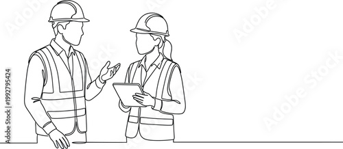 Construction Engineers Discussing Project Plan Line Art Illustration
