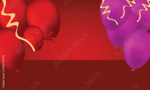 Vivid Red Celebration Stage: Luxurious red curtains with balloons and golden confetti, creating an atmosphere of happiness and festivity. Perfect for parties and performances