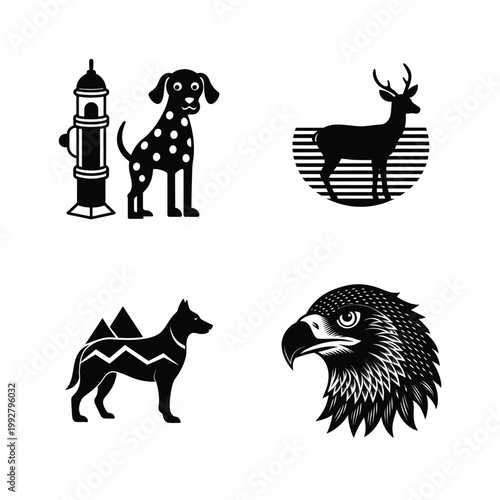 Dalmatian by hydrant with deer and dog near pyramids eagle.