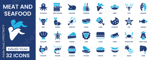 Meat and Seafood Icons set. Vector illustration in modern thin line style of food related icons: chicken, octopus, beef, and more. Solid icon collection. Vector illustration.