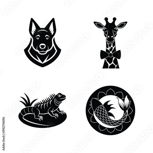 Dog giraffe iguana fish animal stylized icons set vector.