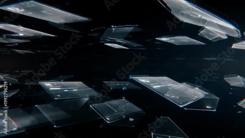 A futuristic abstract scene with metallic and glass fragments floating against a dark background creates a sci-fi design filled with reflective surfaces.