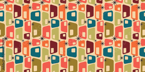 Atomic Mid-Century Seamless Background with Retro TV-Frame Shapes and Funky Space Age Starburst Pattern