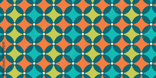 Mid-Century Modern Seamless Background with Retro Overlapping Circles and Vibrant Geometric Diamond Mosaic
