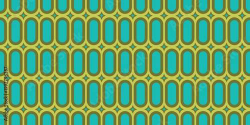 Modern Mid-Century Seamless Background with Retro Teal Pill-Shapes and Geometric Oval Chain Pattern
