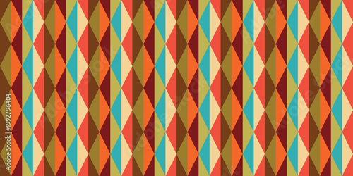 Mid-Century Modern Seamless Background with Retro Harlequin Diamond Stripes and Vibrant Geometric Rhombus Pattern