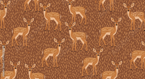 A charming illustrated pattern featuring deer. Ideal for backgrounds, textures, children's products, or nature-themed designs, conveying a sense of pe