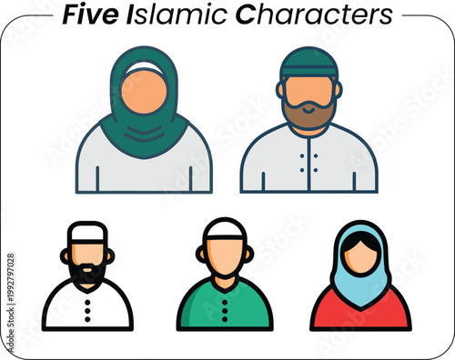 Five islamic character icons with headwear and traditional attire flat design character headwear traditional diversity community