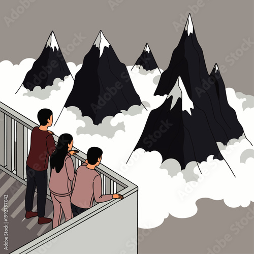 Family or friends on a high balcony, gazing at majestic snow-capped mountains surrounded by fluffy clouds. Inspiring nature view and travel illustration.
