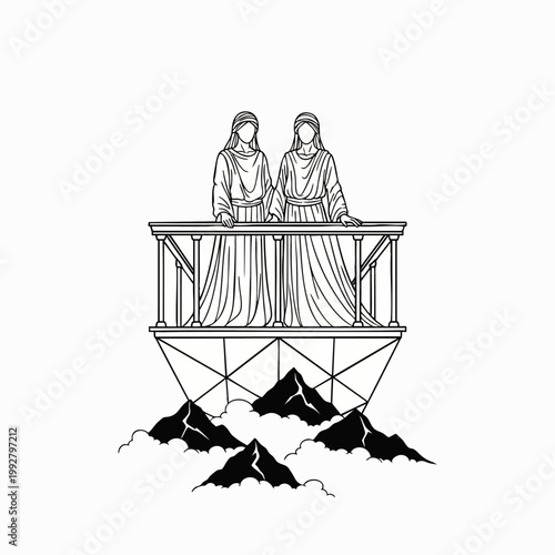 Two robed figures stand on a balcony above majestic mountains and clouds, a symbolic black and white line art illustration depicting spiritual elevation and ancient wisdom.