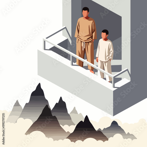 Two men in pajamas standing on a balcony overlooking misty mountains, representing brotherhood, family, or a shared dream.