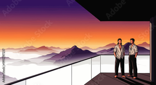 Two men on a modern balcony admiring a breathtaking mountain landscape at sunset, enveloped in mist, symbolizing success and aspiration.