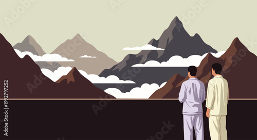 Two men in traditional Asian robes gaze at a majestic mountain range shrouded in mist and clouds, evoking peace and contemplation.
