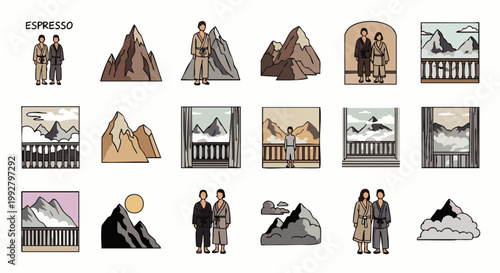 Vintage Pixel Art Icons of Mountains, Couples, and Landscapes for Retro Design Projects