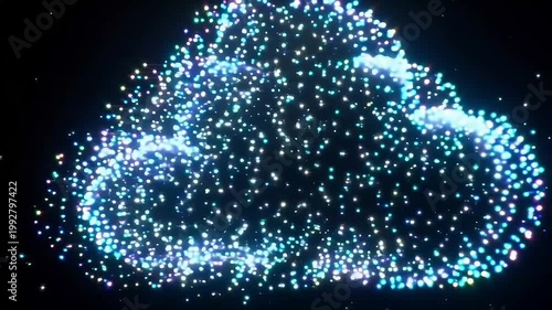 A glowing blue cloud representing a digital network and data storage system creates a futuristic technology concept